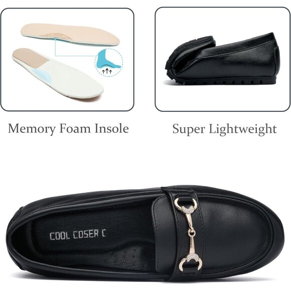 Women's Black pu Faux Leather Arch Support Casual Slip on Comfort Penny Loafers - Picture 3 of 8